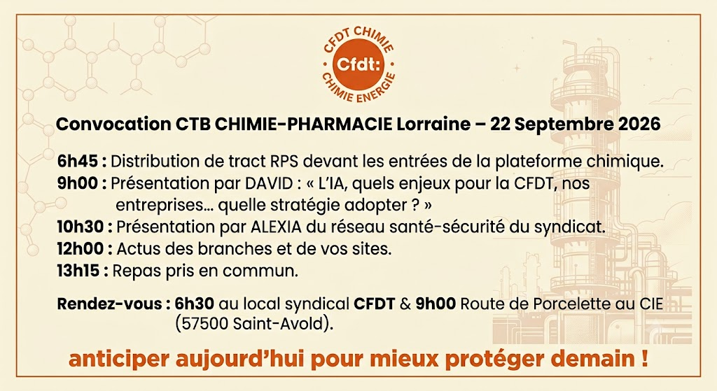 Convocation CTB Chimie-Pharmacie Lorraine du 22 septembre 2026 : 6h45 distribution de tract RPS devant les entrées de la plateforme chimique, 9h00 présentation par David sur l'IA et la CFDT, 10h30 présentation par Alexia du réseau santé-sécurité du syndicat, 12h00 actus des branches et des sites, 13h15 repas pris en commun. Rendez-vous 6h30 au local syndical CFDT et 9h00 route de Porcelette au CIE, 57500 Saint-Avold.