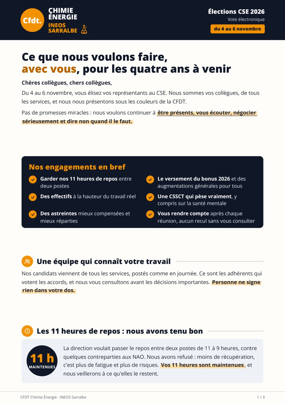 Profession de foi CFDT INEOS Sarralbe, élections CSE du 4 au 6 novembre 2026